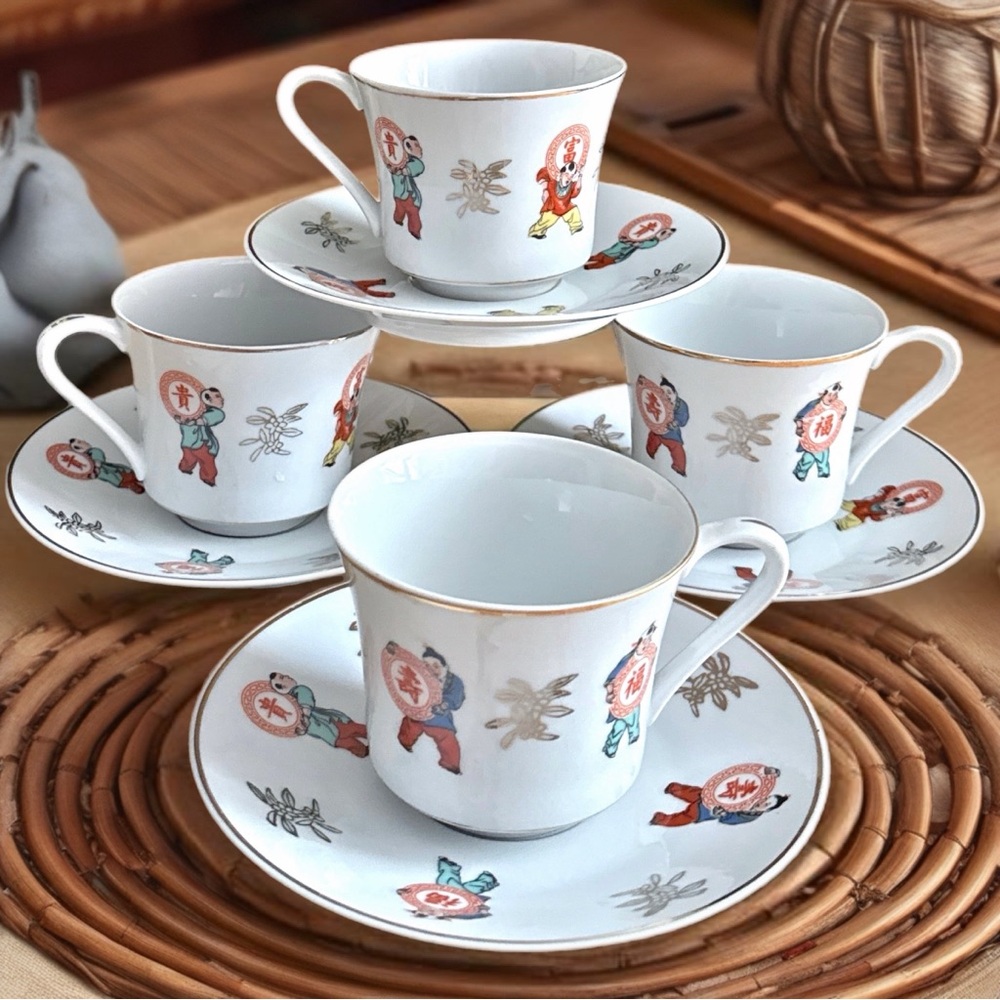 Vintage 70s Porcelain Teacups and Saucers Made in Taiwan Asian Longevity Motif